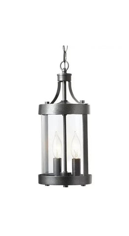 Glastonbury Caged 2-Light Aged Iron Clear Glass Outdoor Pendant Light Fixture